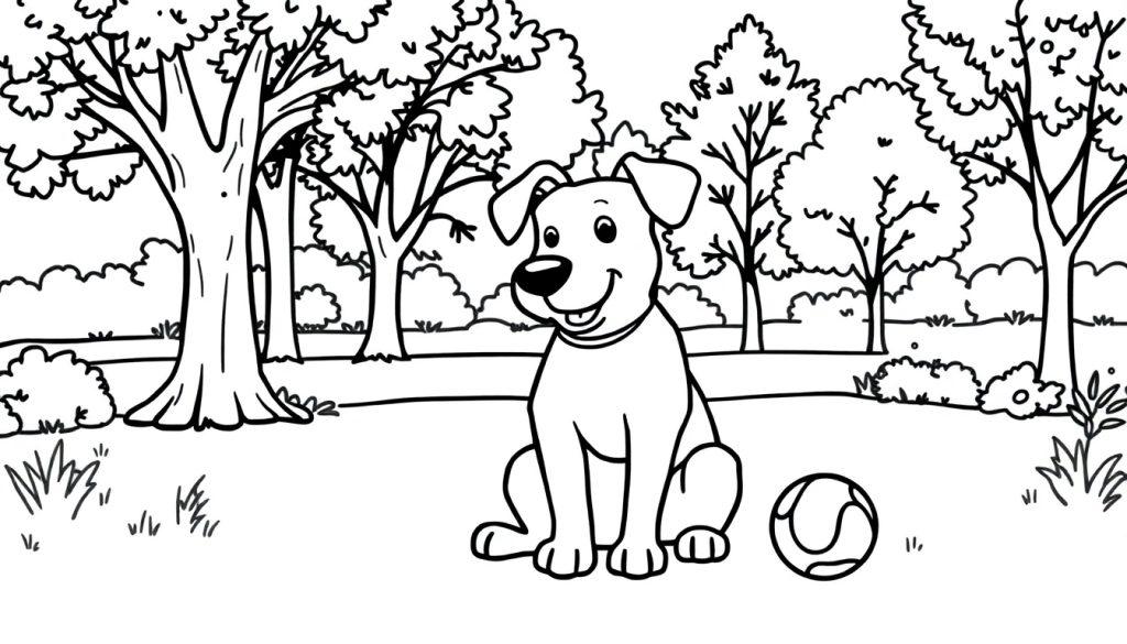 Kleurplaat van een blije hond die in het park zit met een bal naast zich, omringd door bomen en gras.