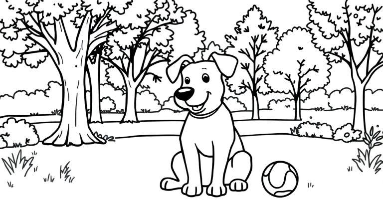 Kleurplaat van een blije hond die in het park zit met een bal naast zich, omringd door bomen en gras.