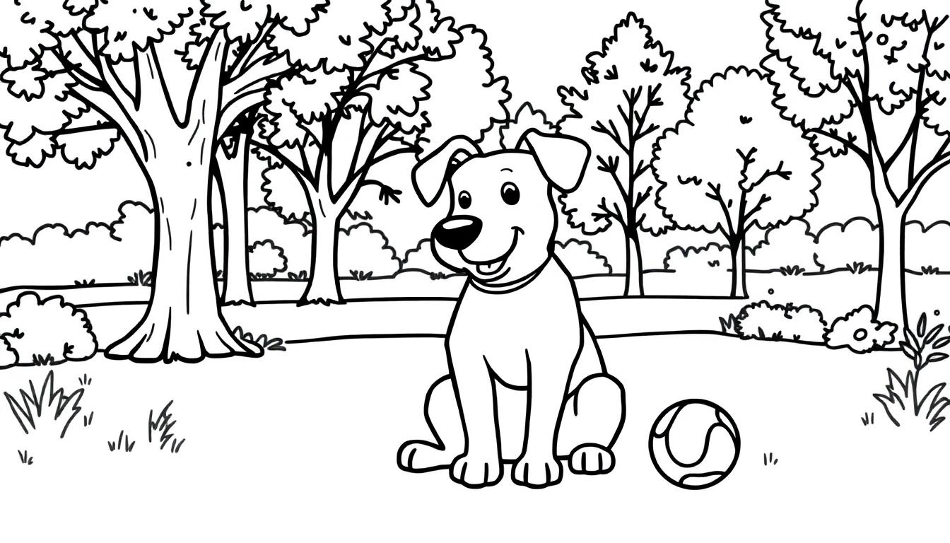 Kleurplaat van een blije hond die in het park zit met een bal naast zich, omringd door bomen en gras.