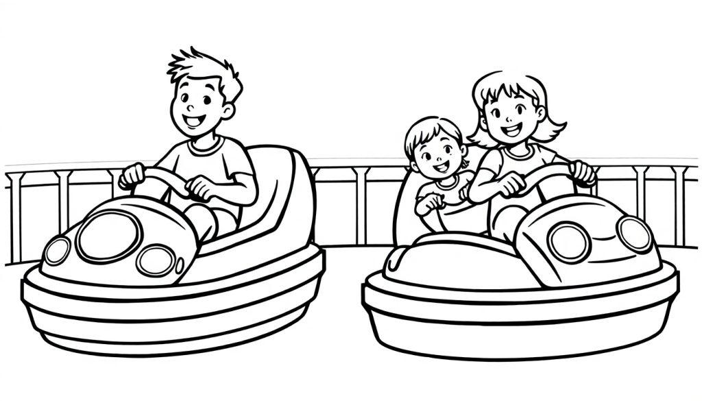 Kleurplaat van twee kinderen die plezier hebben in botsauto's op de kermis, met vrolijke gezichten en omringd door hekjes.