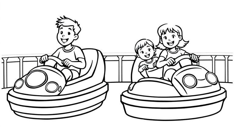 Kleurplaat van twee kinderen die plezier hebben in botsauto's op de kermis, met vrolijke gezichten en omringd door hekjes.