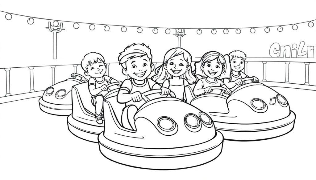 Kleurplaat van kinderen die plezier hebben op botsauto's op de kermis.