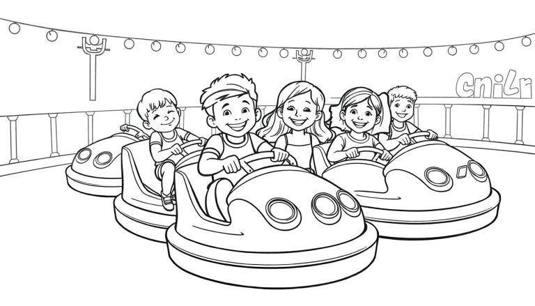 Kleurplaat van kinderen die plezier hebben op botsauto's op de kermis.