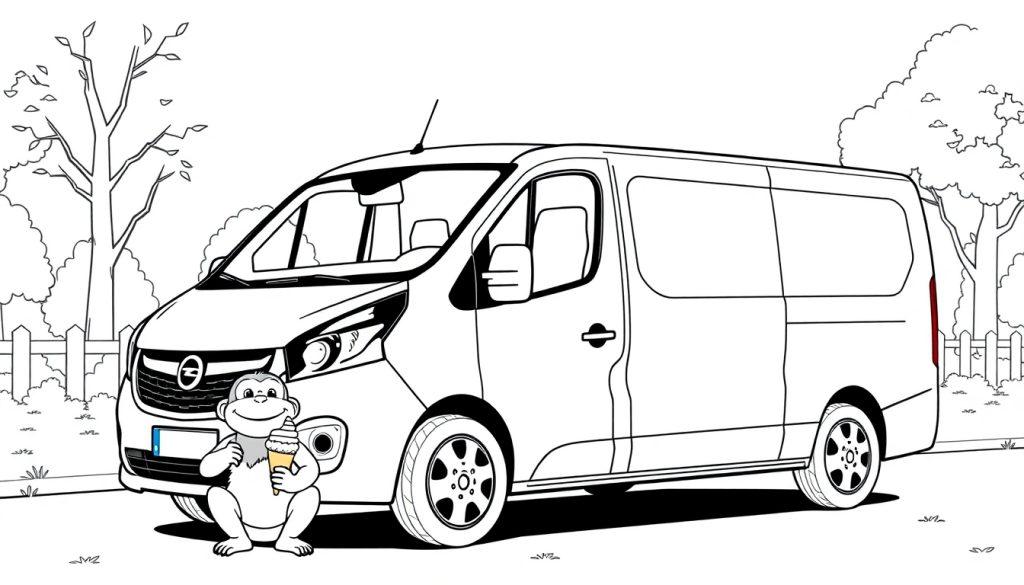 Kleurplaat van een zwart-wit tekening met een busje en een lachend aapje dat een ijsje vasthoudt, omgeven door bomen en een hek.