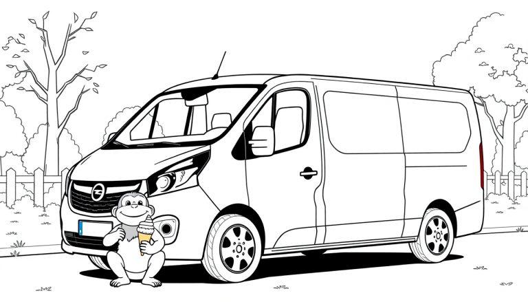 Kleurplaat van een zwart-wit tekening met een busje en een lachend aapje dat een ijsje vasthoudt, omgeven door bomen en een hek.