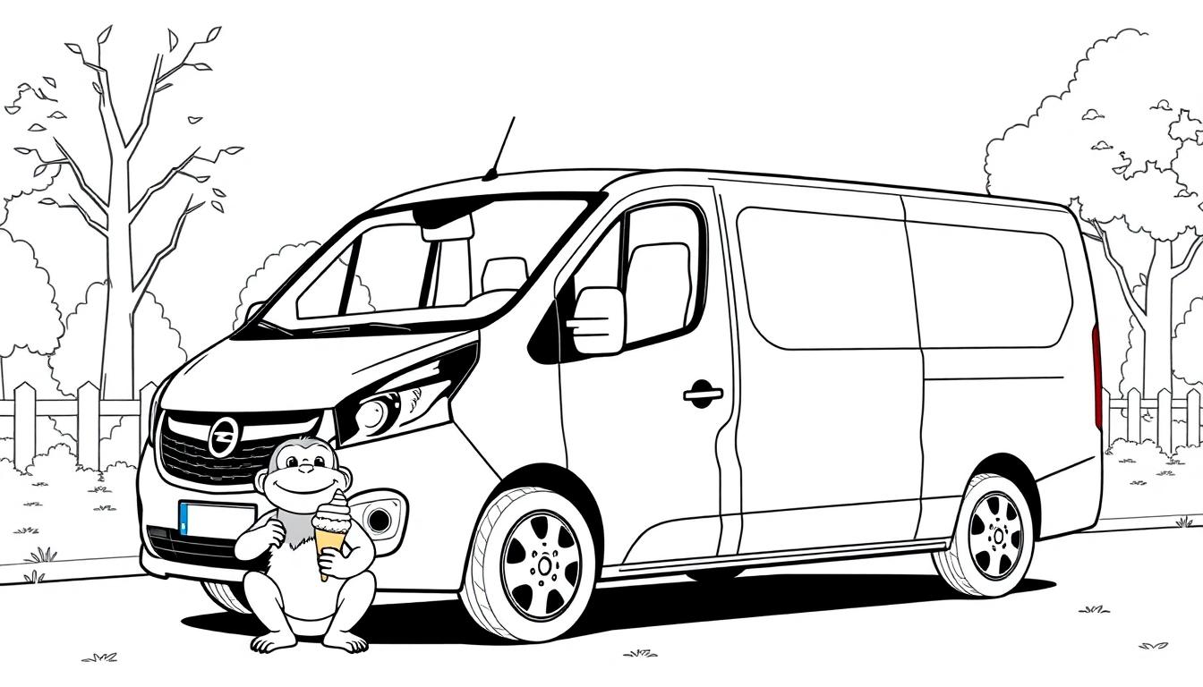 Kleurplaat van een zwart-wit tekening met een busje en een lachend aapje dat een ijsje vasthoudt, omgeven door bomen en een hek.