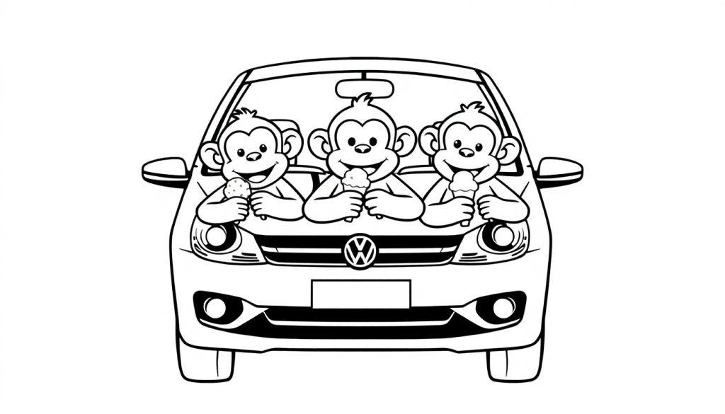 Kleurplaat van drie lachende aapjes in een Volkswagen auto, die ijsjes eten