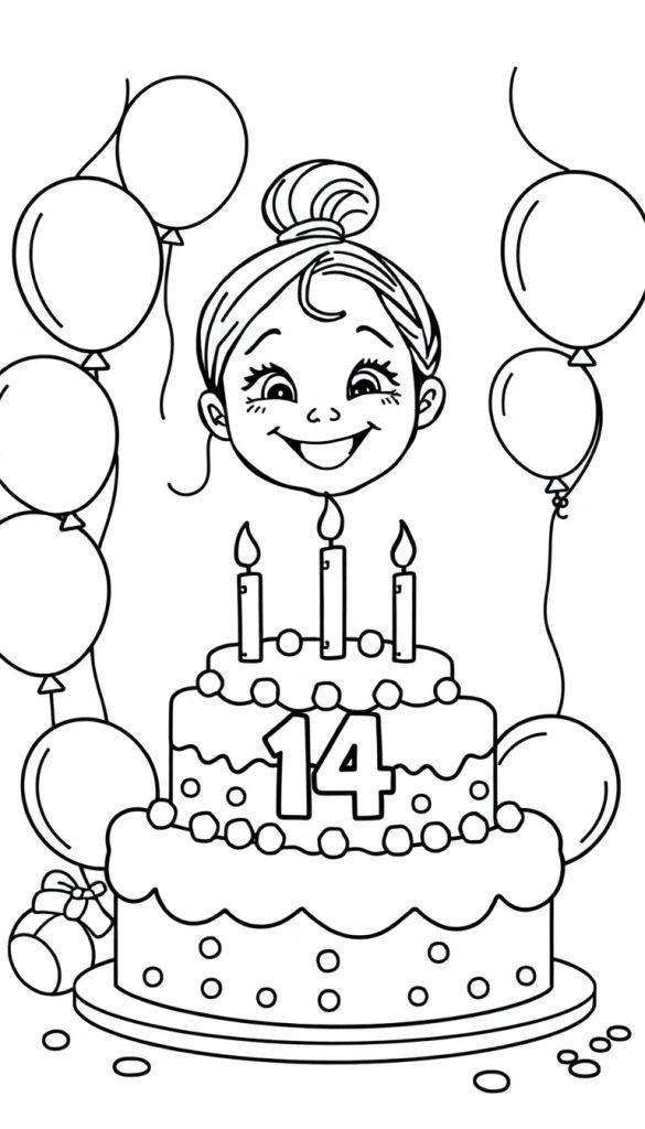 Kleurplaat van een feestelijke verjaardagsscene met taart, ballon, cadeautjes en een lachend meisje