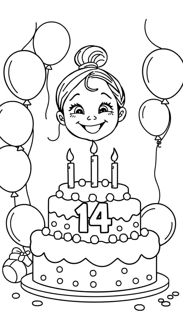 Kleurplaat van een feestelijke verjaardagsscene met taart, ballon, cadeautjes en een lachend meisje