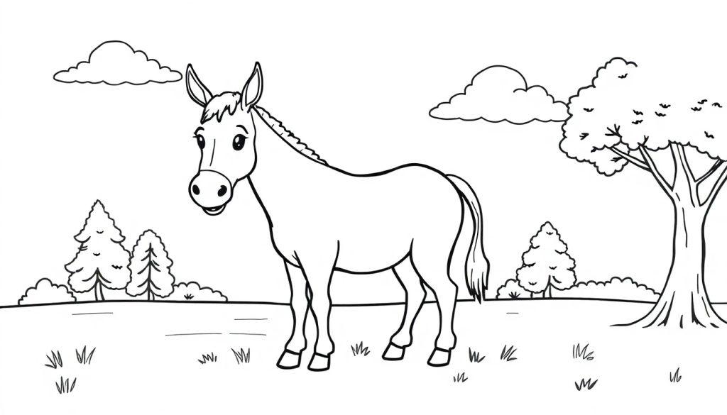 Kleurplaat van een lachende ezel in een grasland met bomen, struiken en wolken.