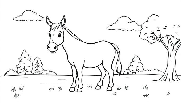 Kleurplaat van een lachende ezel in een grasland met bomen, struiken en wolken.