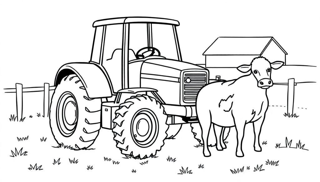 Een eenvoudige kleurplaat van een tractor en een koe op het veld, met een boerderij en hek op de achtergrond.