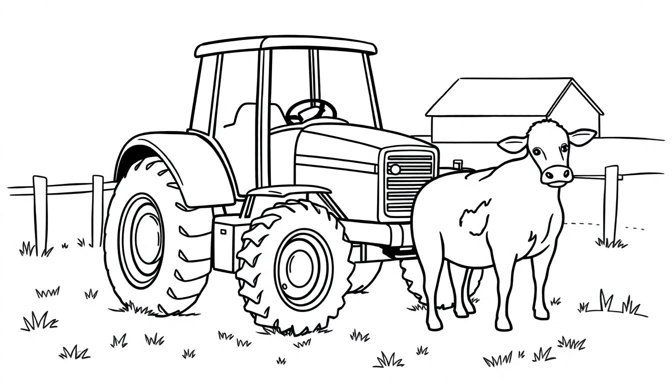 Een eenvoudige kleurplaat van een tractor en een koe op het veld, met een boerderij en hek op de achtergrond.