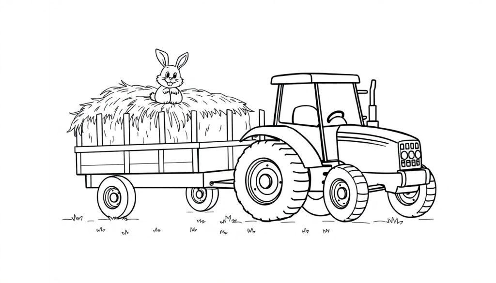 Kleurplaat van een tractor met een aanhanger vol hooi en een schattig konijntje op de hooi