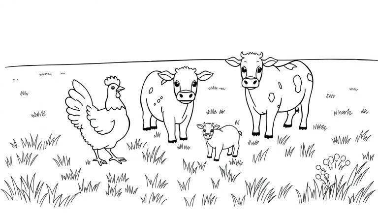 Kleurenplaat van een zwart-wit boerderijdierenlandschap met een kip en drie bakken koeien.