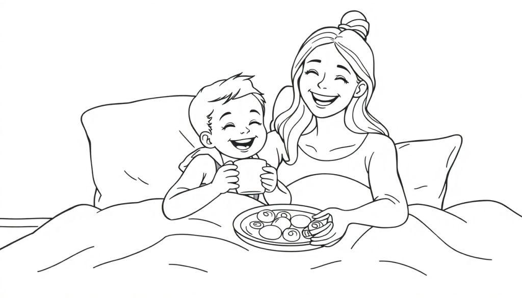 Kleurplaat van een vrolijke moeder en haar kind in bed, lachend met ontbijt en bord met gebakjes.