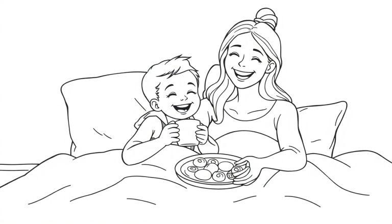 Kleurplaat van een vrolijke moeder en haar kind in bed, lachend met ontbijt en bord met gebakjes.
