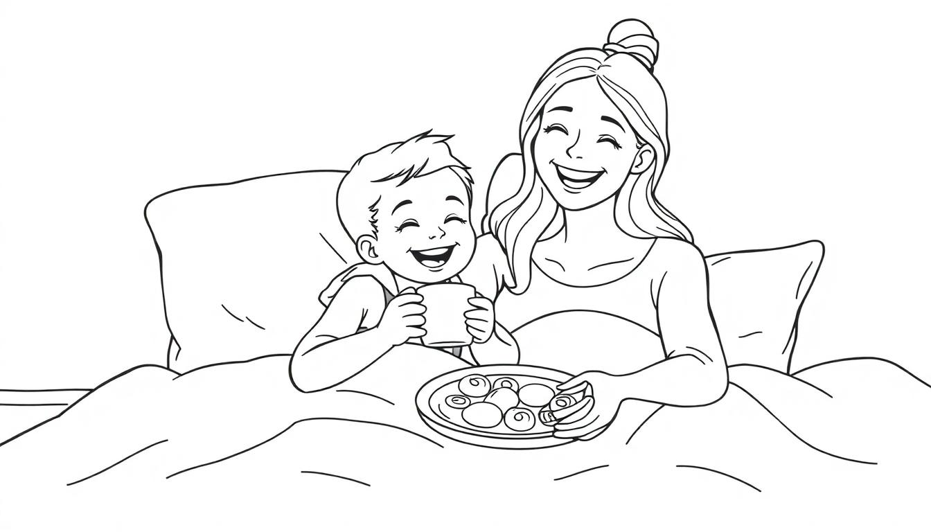 Kleurplaat van een vrolijke moeder en haar kind in bed, lachend met ontbijt en bord met gebakjes.