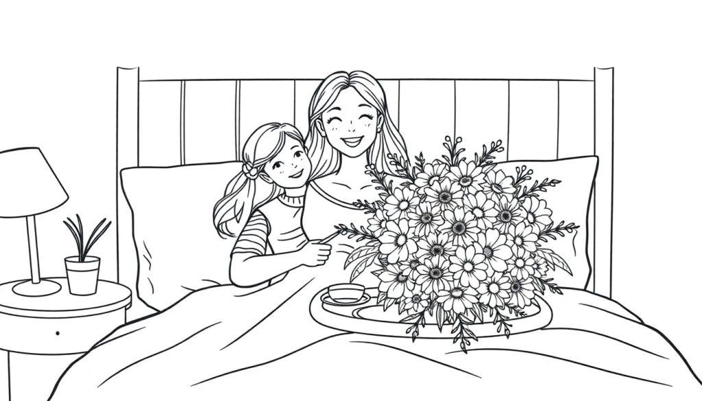 Kleurplaat van een moeder en dochter in bed met bloemen, kopje en lampje