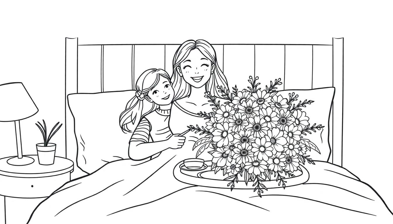 Kleurplaat van een moeder en dochter in bed met bloemen, kopje en lampje