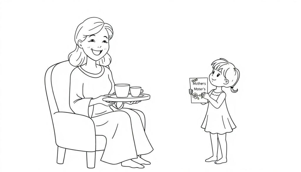 Kleurplaat van een moeder die glimlacht en ontbijt serveert, terwijl een kind haar een kaart geeft met de tekst 'Mothers'.