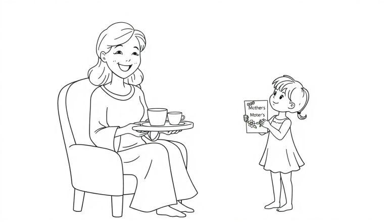Kleurplaat van een moeder die glimlacht en ontbijt serveert, terwijl een kind haar een kaart geeft met de tekst 'Mothers'.