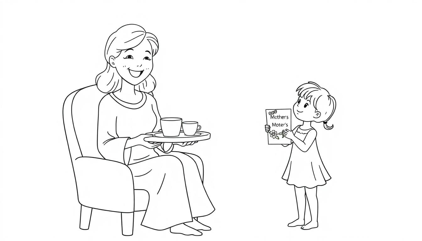Kleurplaat van een moeder die glimlacht en ontbijt serveert, terwijl een kind haar een kaart geeft met de tekst 'Mothers'.