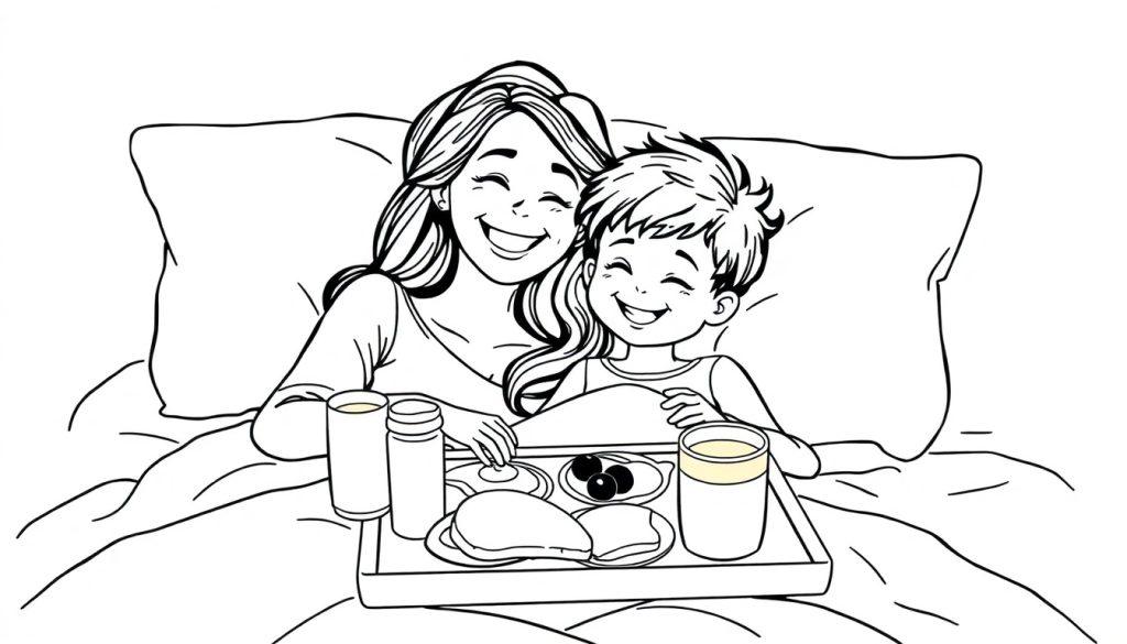 Kleurplaat van een vrolijke vrouw en een kind in bed met een ontbijt op bed, lachend en gezellig samen.