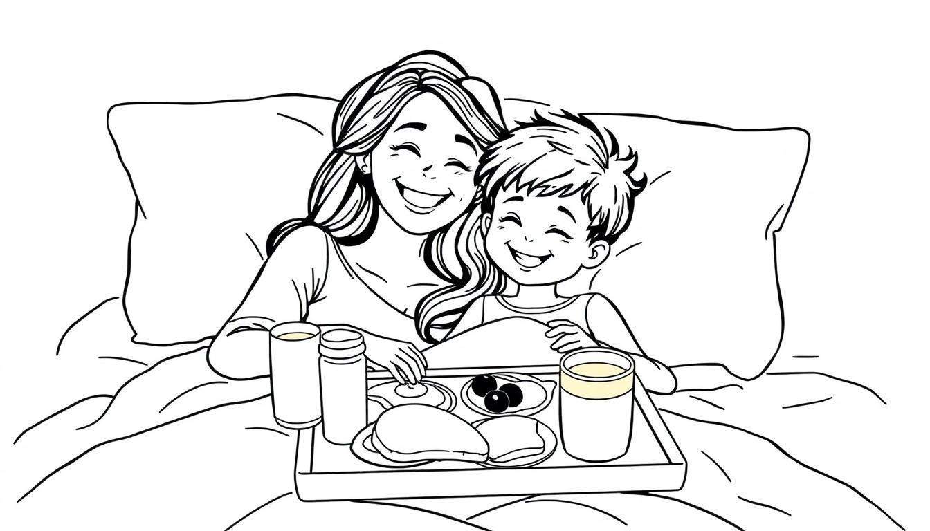Kleurplaat van een vrolijke vrouw en een kind in bed met een ontbijt op bed, lachend en gezellig samen.