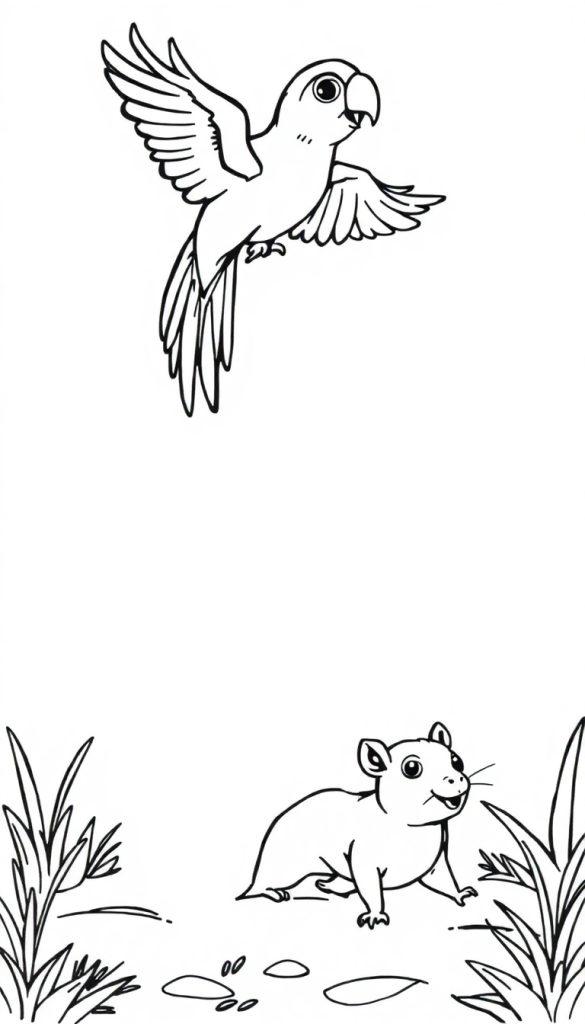 Kleurplaat van een papegaai die in de lucht vliegt en een gerbil die op de grond tussen gras en bladeren zit, beide in zwart-wit.
