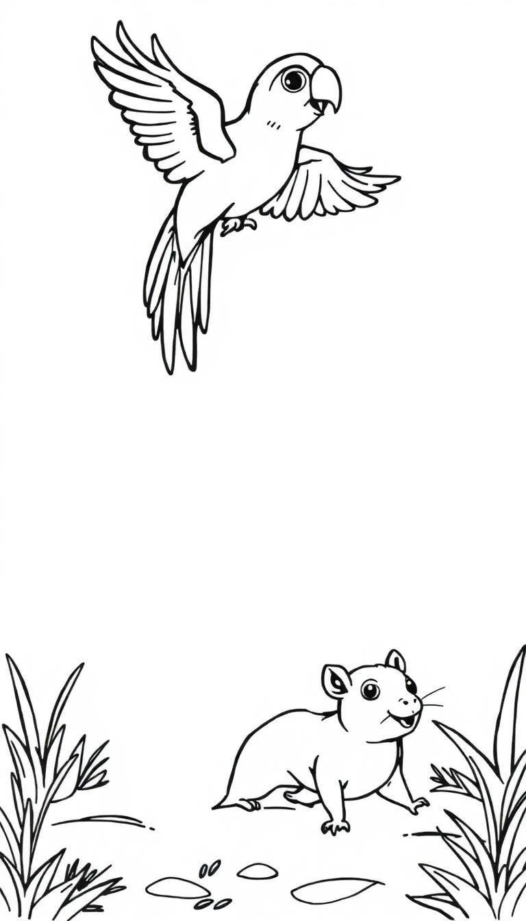Kleurplaat van een papegaai die in de lucht vliegt en een gerbil die op de grond tussen gras en bladeren zit, beide in zwart-wit.