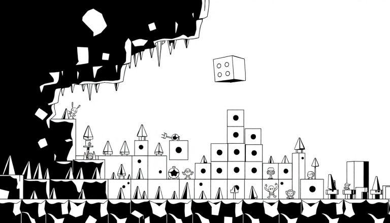 Kleurplaat met een fantasierijk onderaards landschap, met blokken, piramides, dobbelstenen en kleine dieren en personages die plezier maken in een speelse wereld.