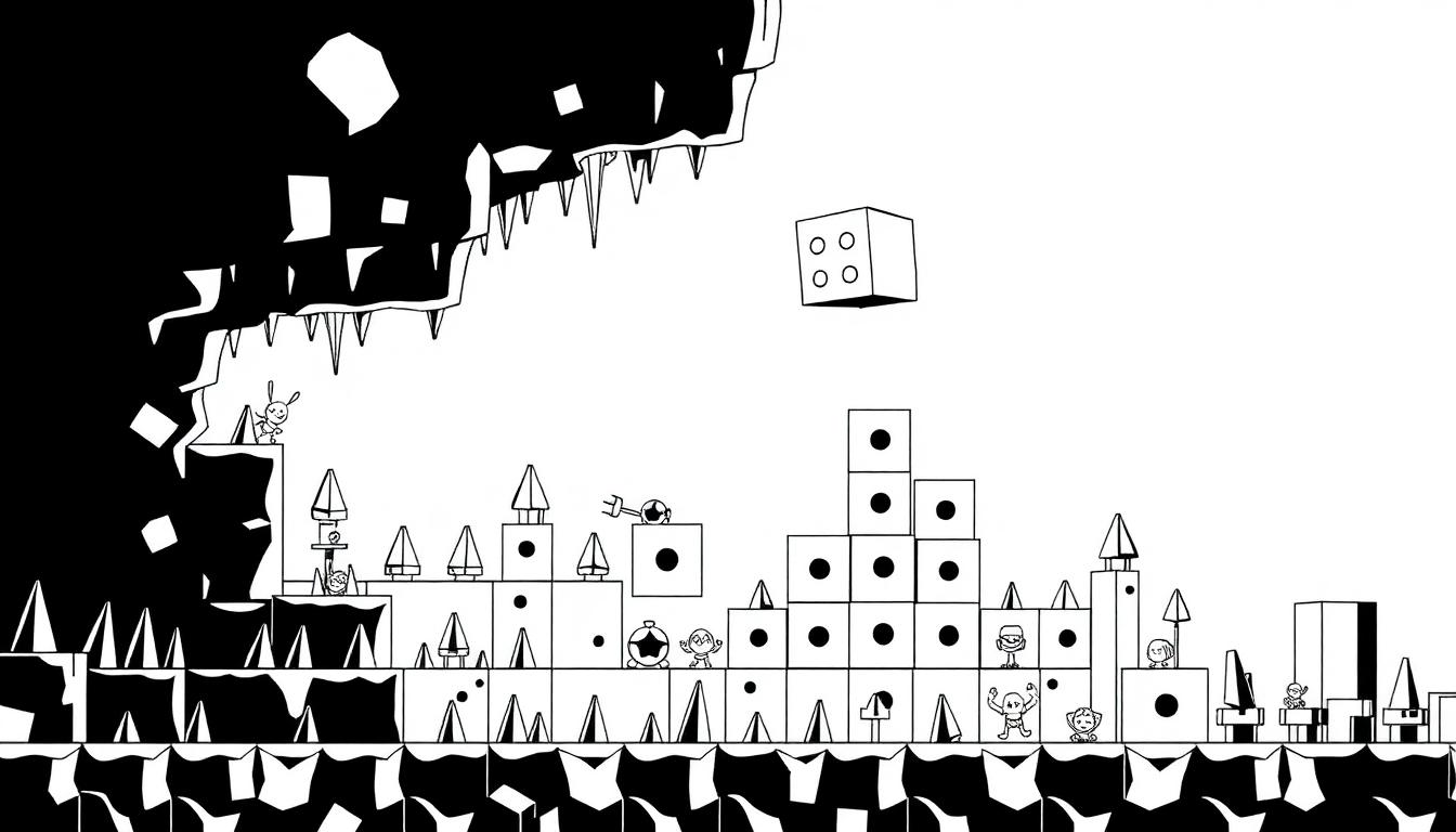 Kleurplaat met een fantasierijk onderaards landschap, met blokken, piramides, dobbelstenen en kleine dieren en personages die plezier maken in een speelse wereld.