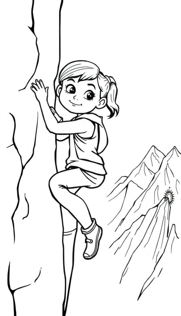 Kleurplaat van een vrolijk meisje dat aan het klimmen is op een rotswand met bergen op de achtergrond.