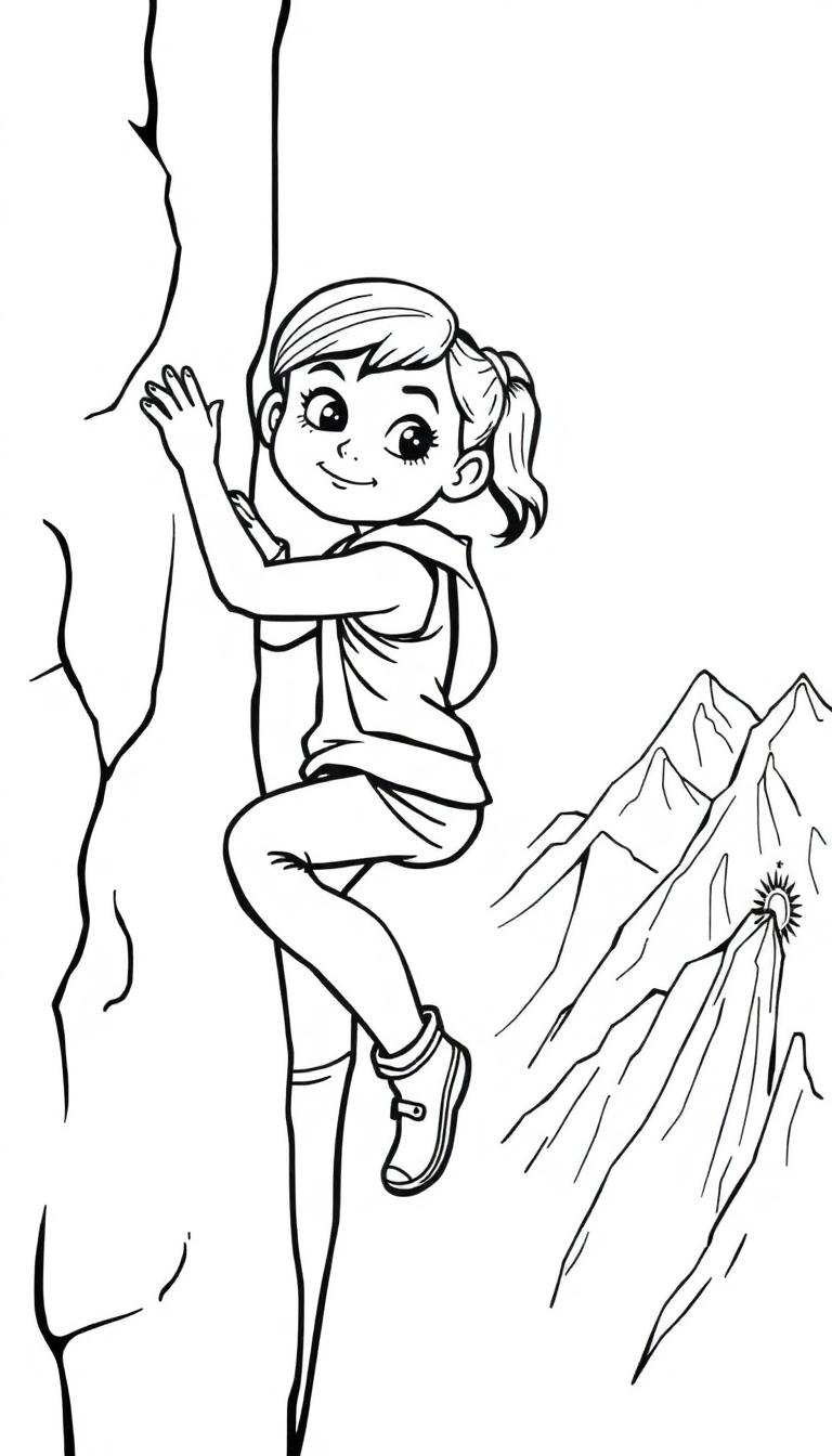 Kleurplaat van een vrolijk meisje dat aan het klimmen is op een rotswand met bergen op de achtergrond.