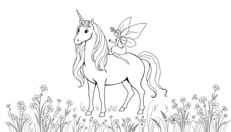Kleurplaat van een elegante eenhoorn met een fee op haar rug, omringd door bloemen en gras.