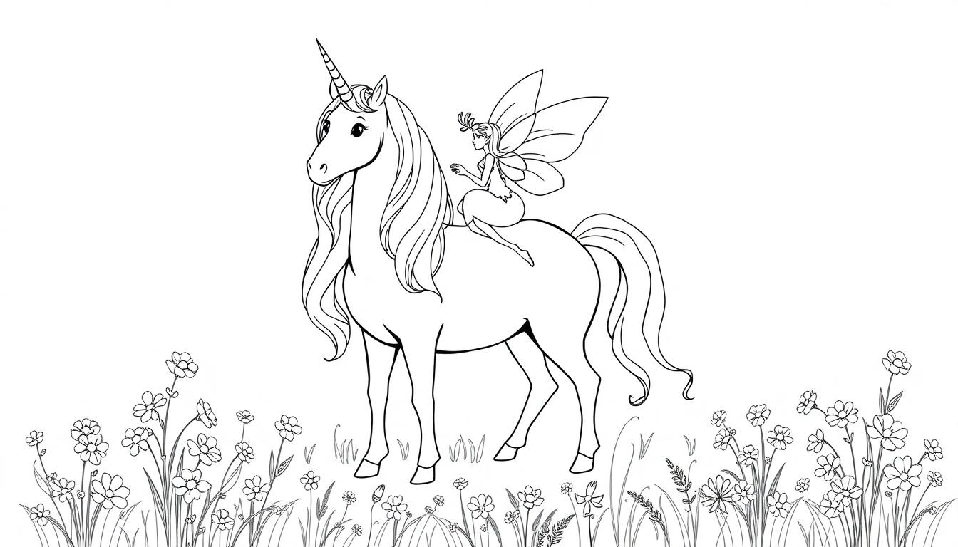 Kleurplaat van een elegante eenhoorn met een fee op haar rug, omringd door bloemen en gras.