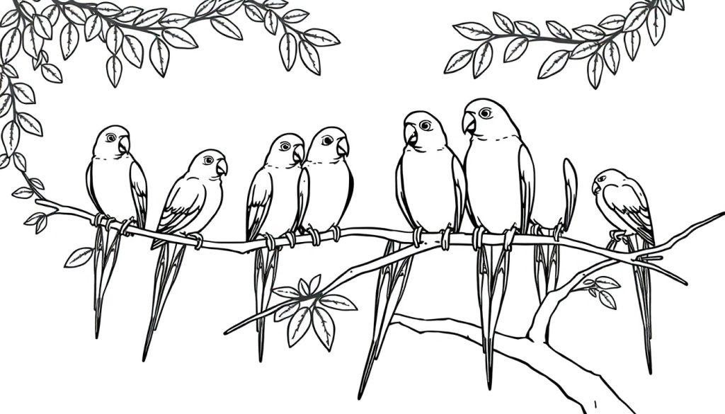 Kleurplaat van zeven vogels op takken met bladeren, klaar om ingekleurd te worden.