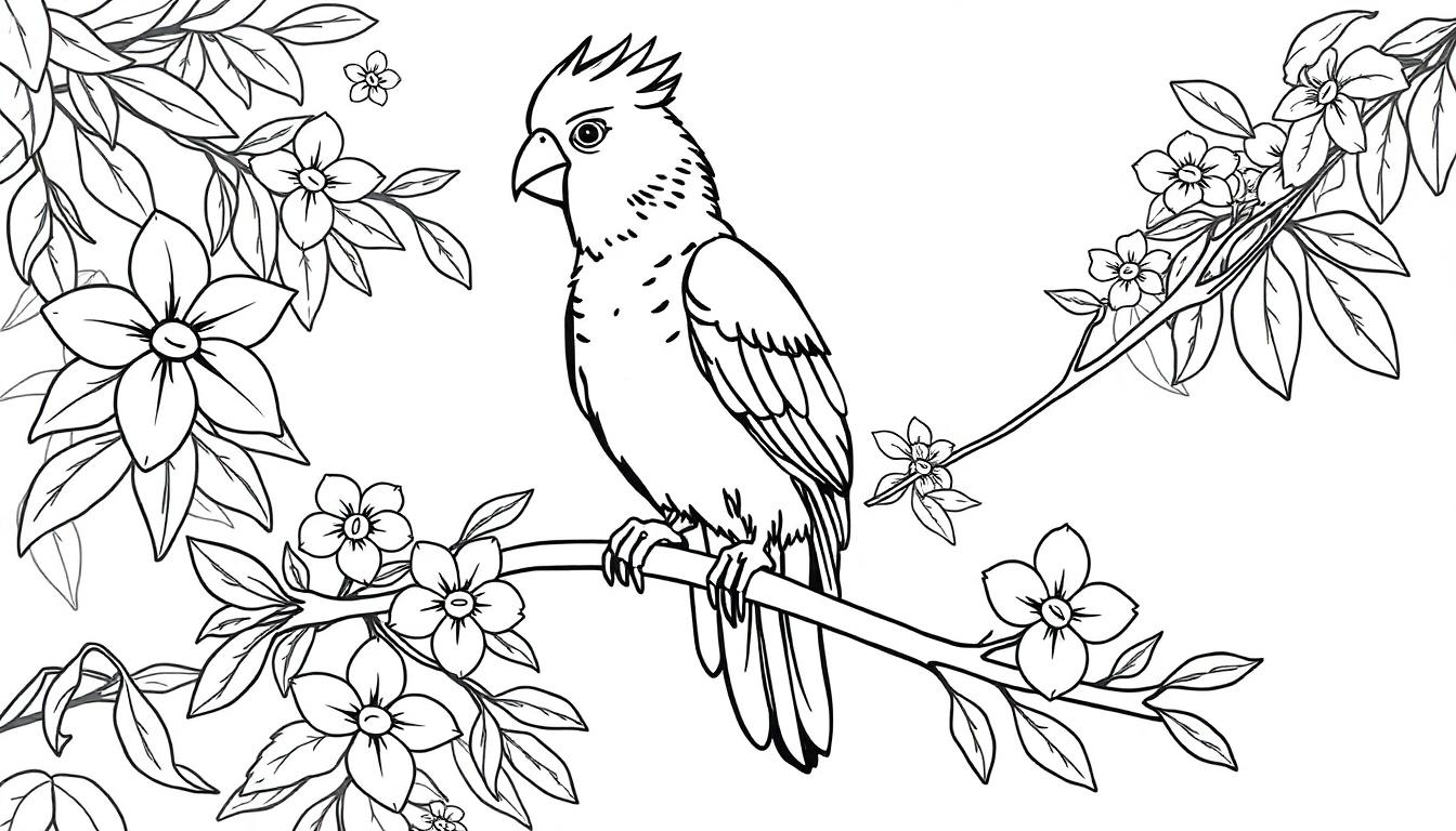 Een kleurplaat van een cockatiel met een kuif die op een tak zit, omgeven door bloemen en bladeren.