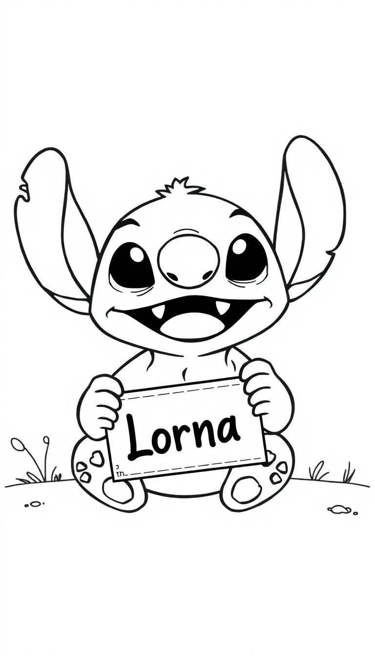 Kleurplaat van een vrolijk cartoonachtig wezen met grote oren, glimlach en grote ogen, dat een bord vasthoudt met de naam Lorna, met gras in de achtergrond.