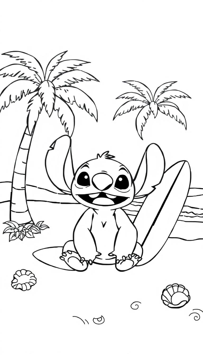 Leuke kleurplaat van een schattig wezentje met grote oren op een surfplank, op een tropisch strand met palmbomen, schelpen en golven.