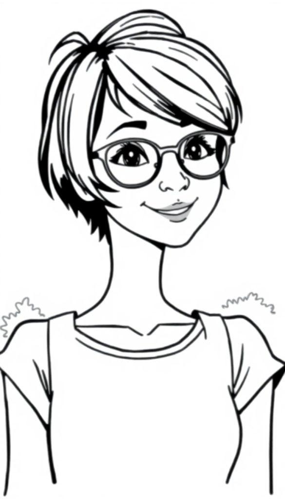 Kleurplaat van een meisje met kort haar en een bril, glimlachend en in een eenvoudige outfit, met struiken op de achtergrond.