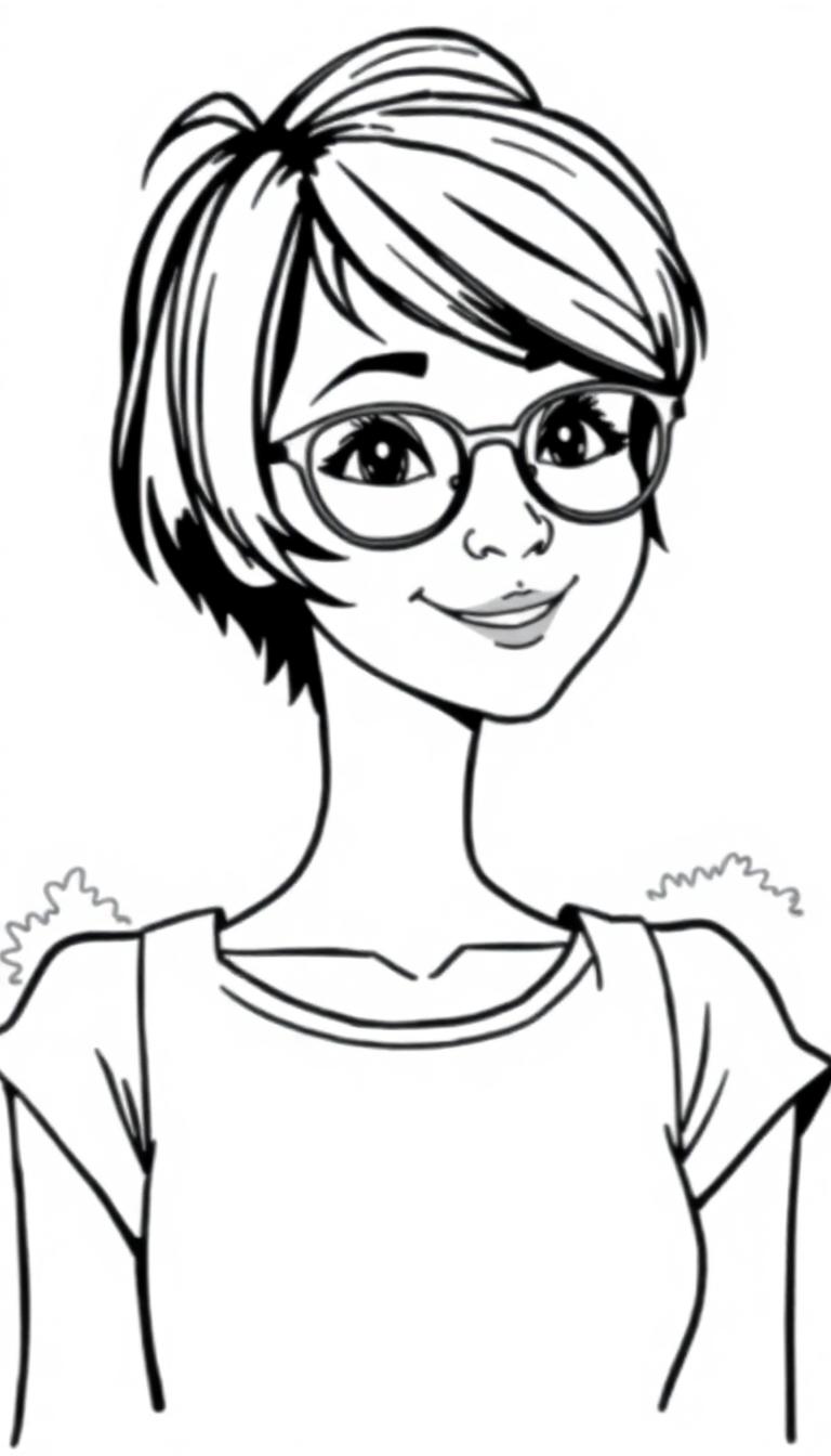 Kleurplaat van een meisje met kort haar en een bril, glimlachend en in een eenvoudige outfit, met struiken op de achtergrond.