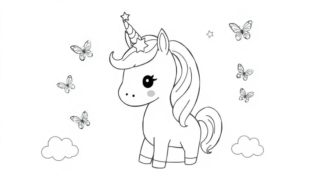 Een eenvoudige kleurplaat van een schattige eenhoorn met lange golvende manen, een strepenhoorn, ster op het voorhoofd, stippen op de wang, en vrolijkheid. Er zweven vlinders, wolkjes en sterretjes eromheen.