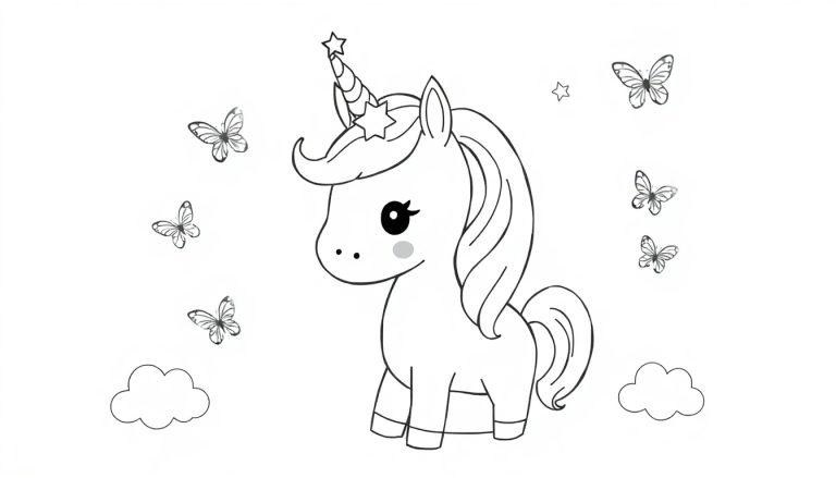 Een eenvoudige kleurplaat van een schattige eenhoorn met lange golvende manen, een strepenhoorn, ster op het voorhoofd, stippen op de wang, en vrolijkheid. Er zweven vlinders, wolkjes en sterretjes eromheen.
