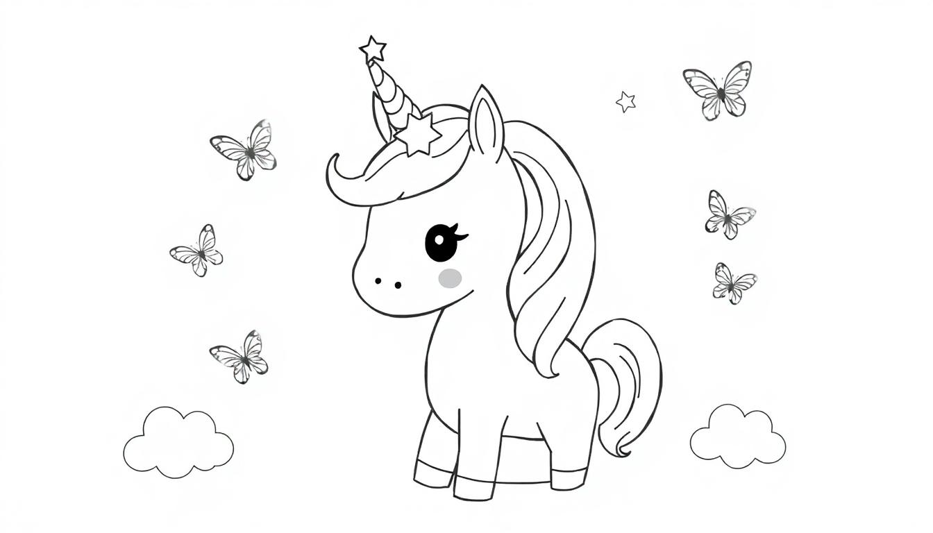 Een eenvoudige kleurplaat van een schattige eenhoorn met lange golvende manen, een strepenhoorn, ster op het voorhoofd, stippen op de wang, en vrolijkheid. Er zweven vlinders, wolkjes en sterretjes eromheen.