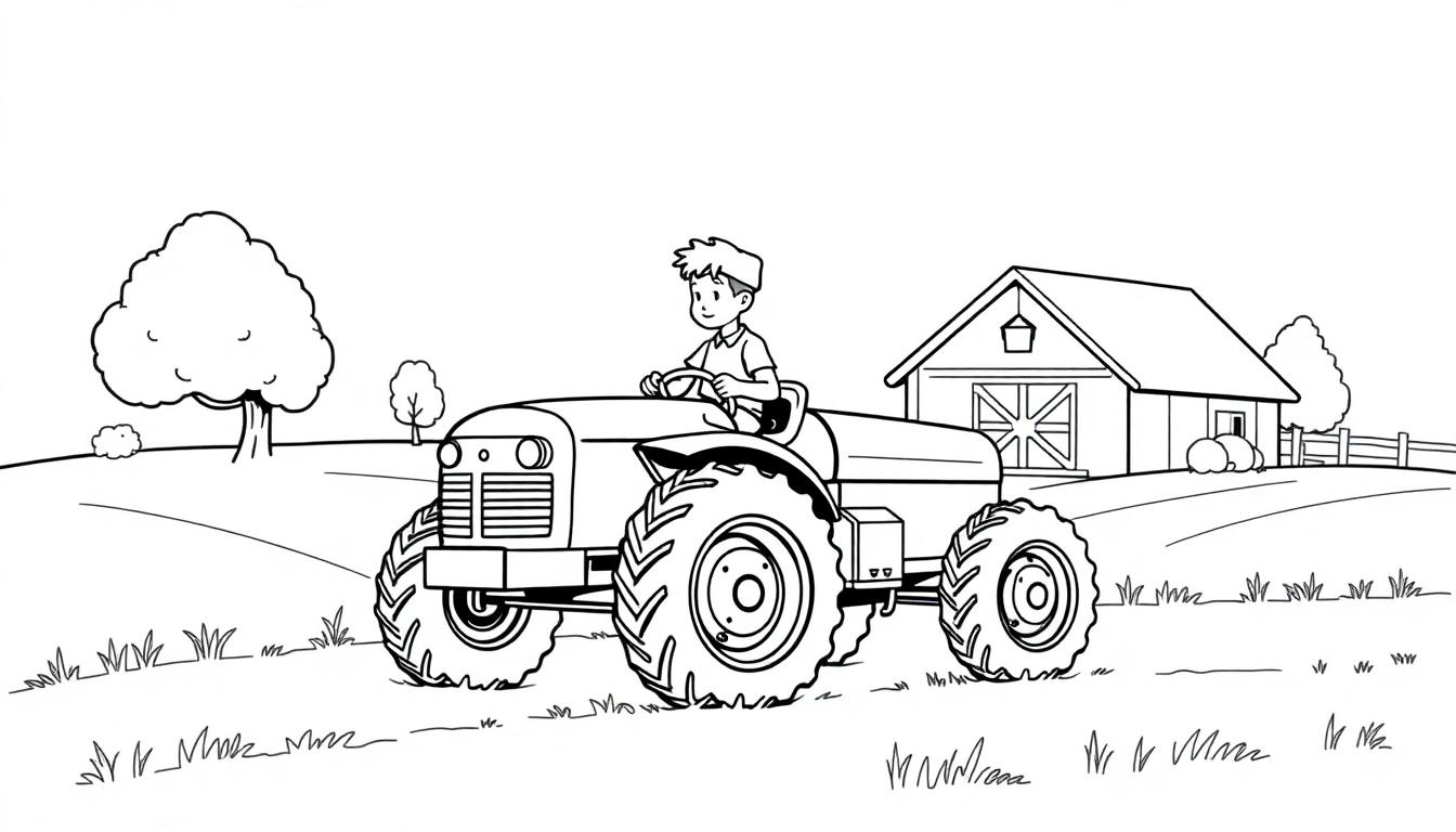 Een kleurplaat van een jongen die op een tractor rijdt op een grasveld met een schuur en bomen op de achtergrond.