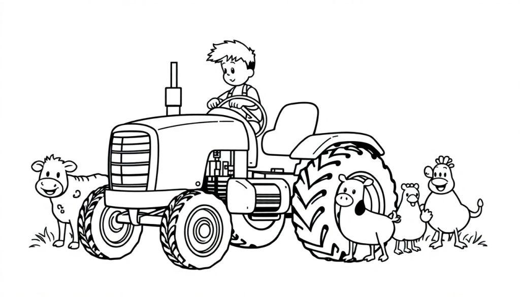 Kleurplaat van een jongen op een tractor met blije boerderijdieren zoals koe, paard, varken, kip en kuiken in gras.