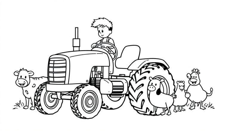 Kleurplaat van een jongen op een tractor met blije boerderijdieren zoals koe, paard, varken, kip en kuiken in gras.
