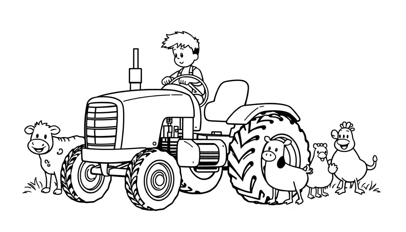 Kleurplaat van een jongen op een tractor met blije boerderijdieren zoals koe, paard, varken, kip en kuiken in gras.